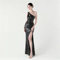 Sexy Slim Hip One Shoulder Diagonal Collar Sequin Gauze Evening Dress The Dinner Party