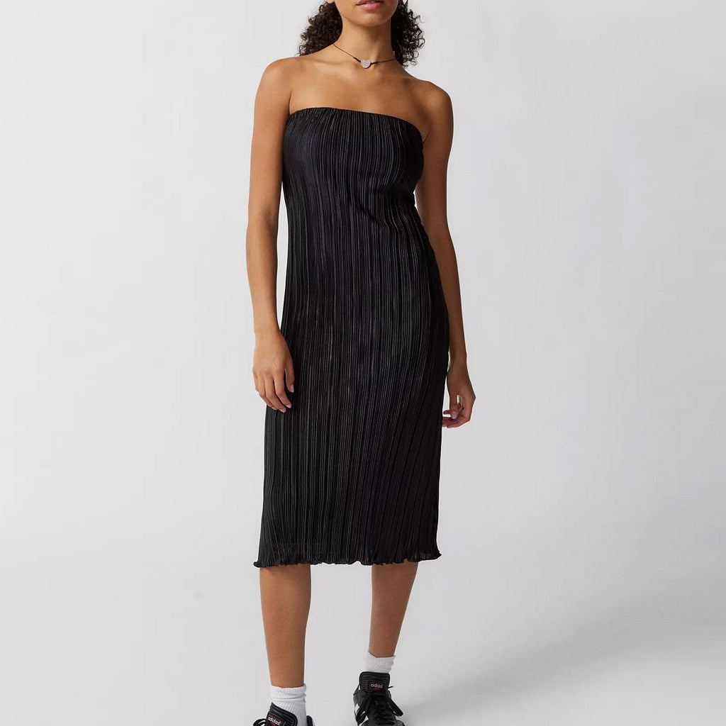 Solid Color Pleated Tube Top Backless Maxi Dress Summer Casual Loose Dress Women