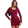 Adult Lady like Woman Design Burgundy Pile Collar Autumn Winter Long Sleeve Slim Fit Sheath Dress
