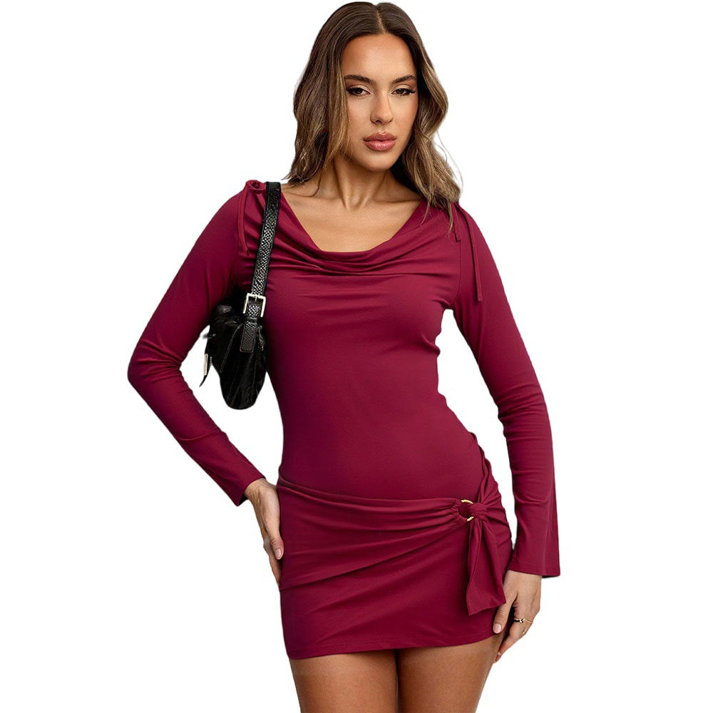 Adult Lady like Woman Design Burgundy Pile Collar Autumn Winter Long Sleeve Slim Fit Sheath Dress