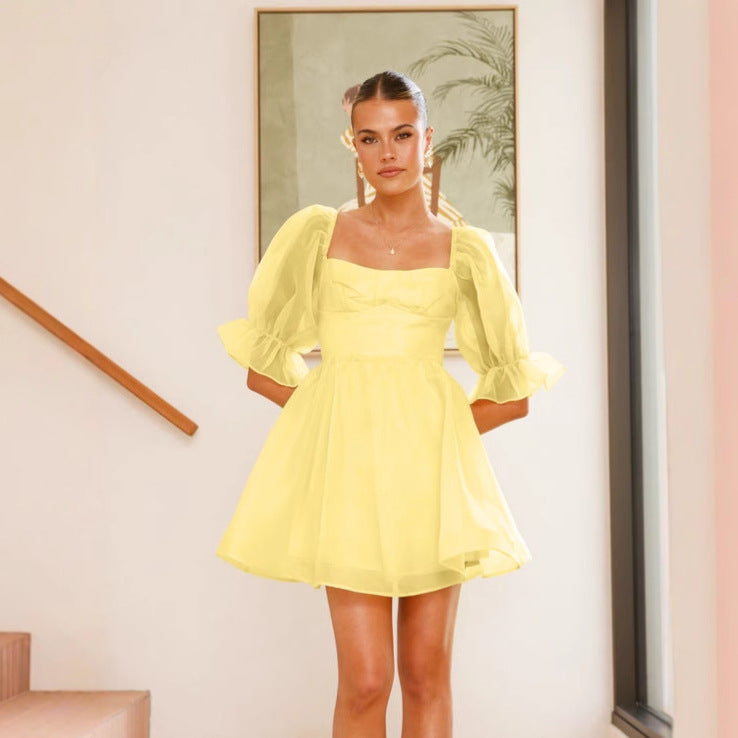 Organza Solid Color Retro Puff Sleeve Princess Dress Large Dress