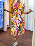 Women Holiday Casual Printed Waist Controlled Short Sleeve V neck A Dress