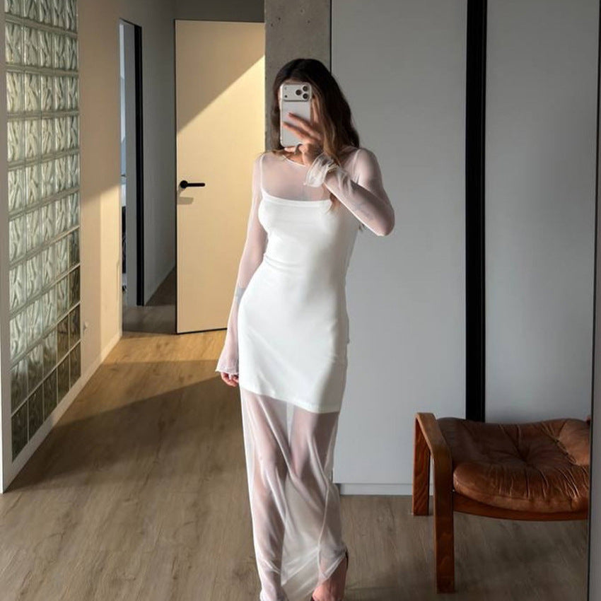 Spring Arrival Women Elegant Long Sleeve Tulle Dress Double Layer Design White Moonlight Dress