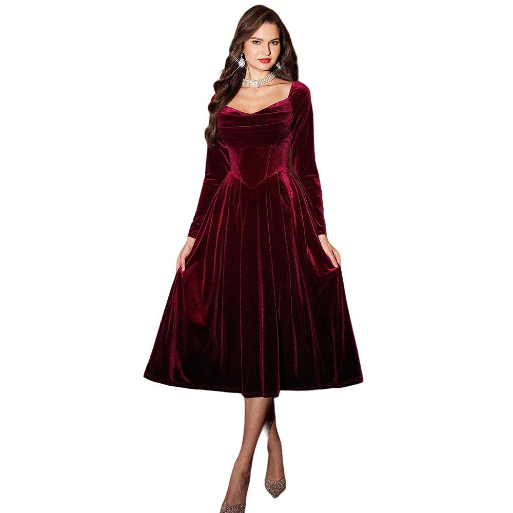 French Romantic Tea Break Wine Red Velvet Square Collar Long Sleeve Dress Autumn Winter Retro Mid Length A line Dress