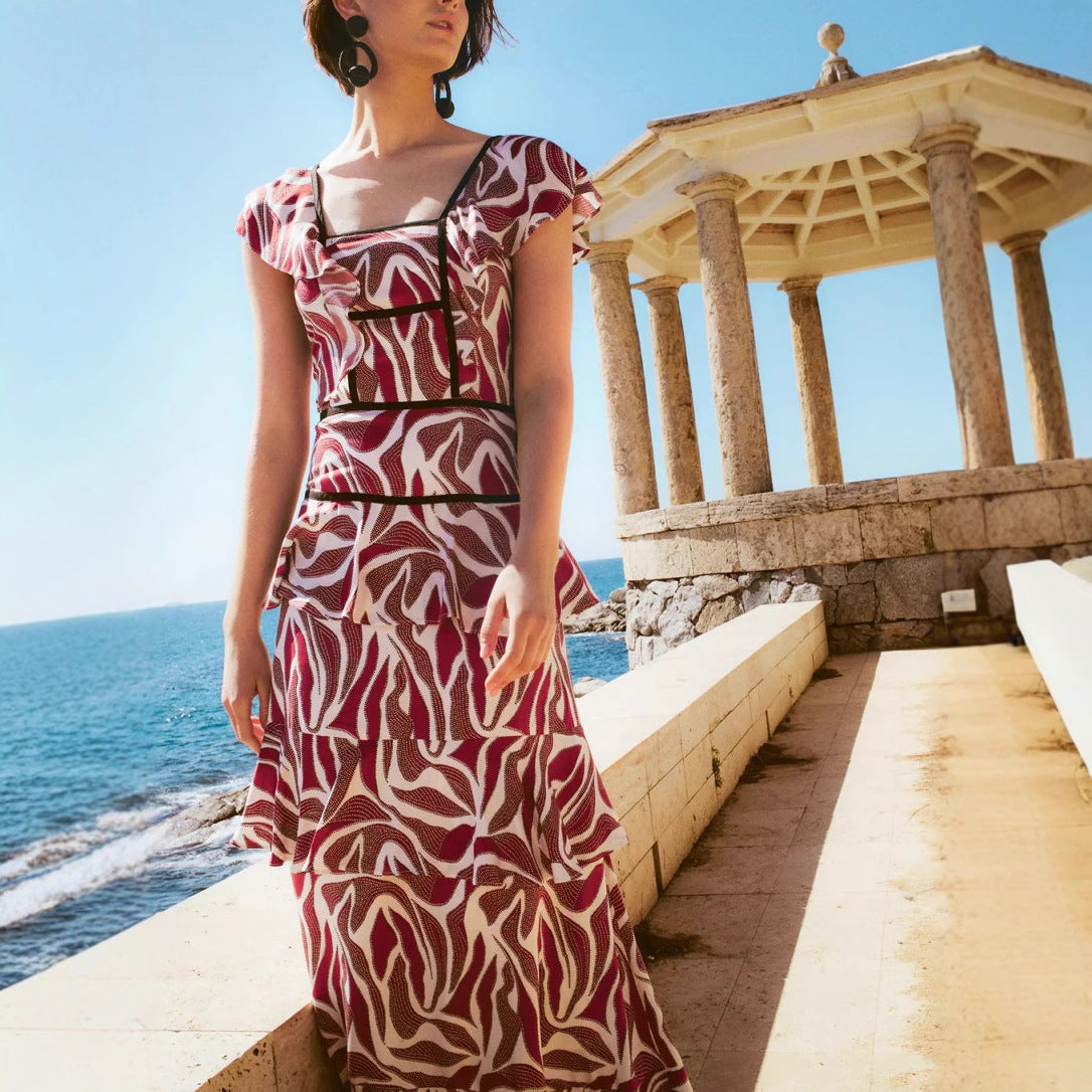 Digital Printing Ruffled Backless Dress Women