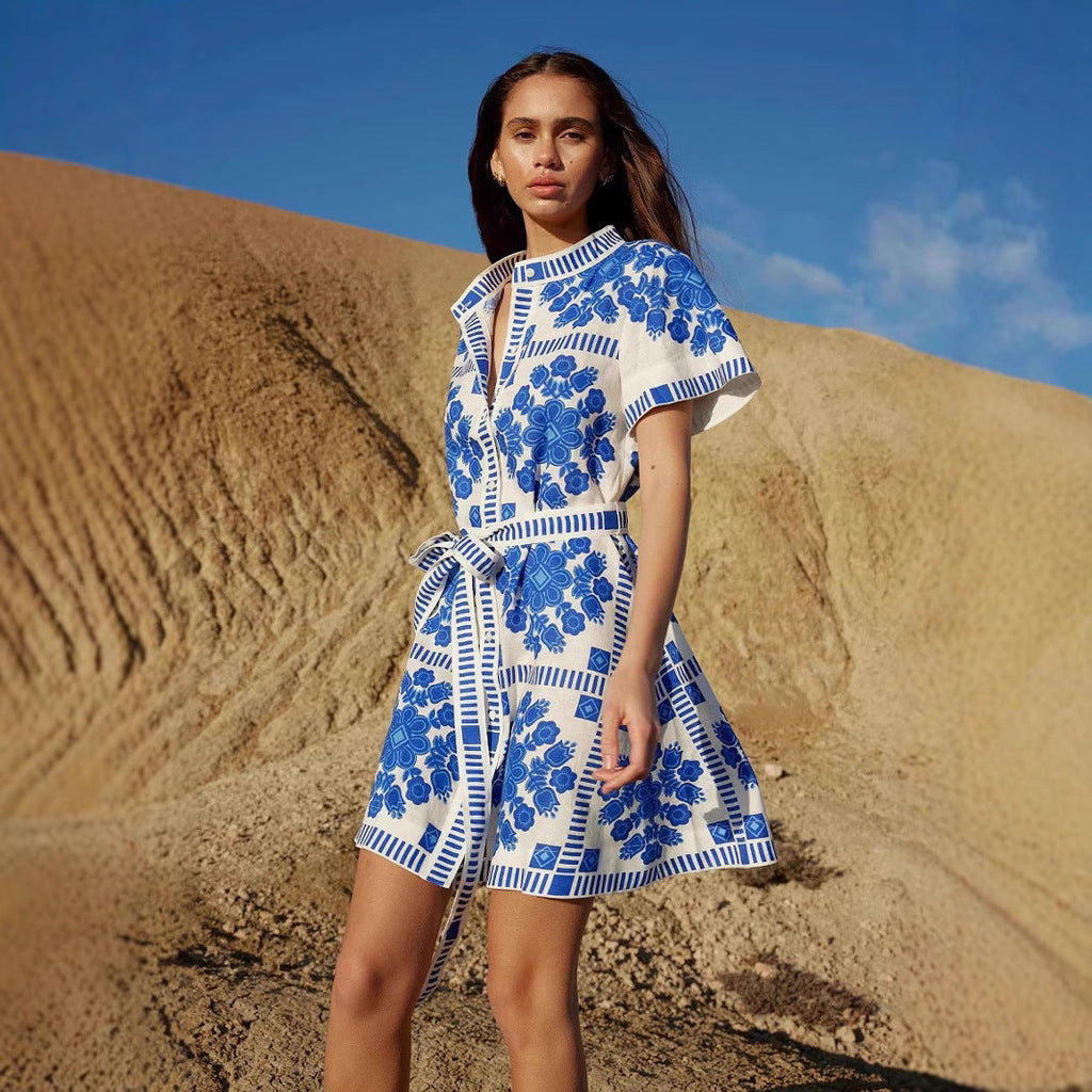 Summer Trade Casual Women Clothing Printed Lace up Dress