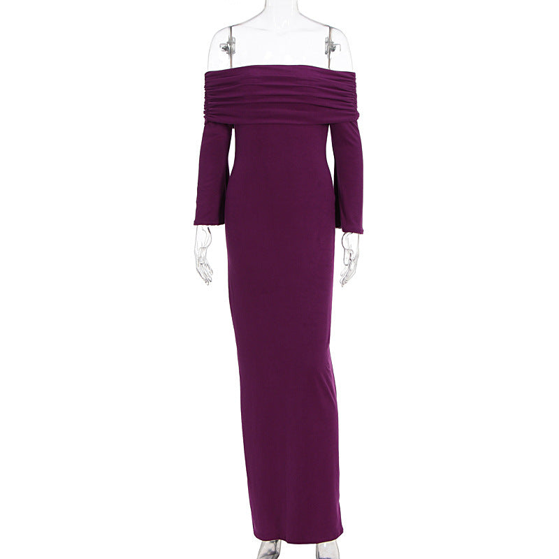 Maxi Dress Women Sexy Solid Color off Shoulder Pleated Long Sleeve Autumn Dress Women