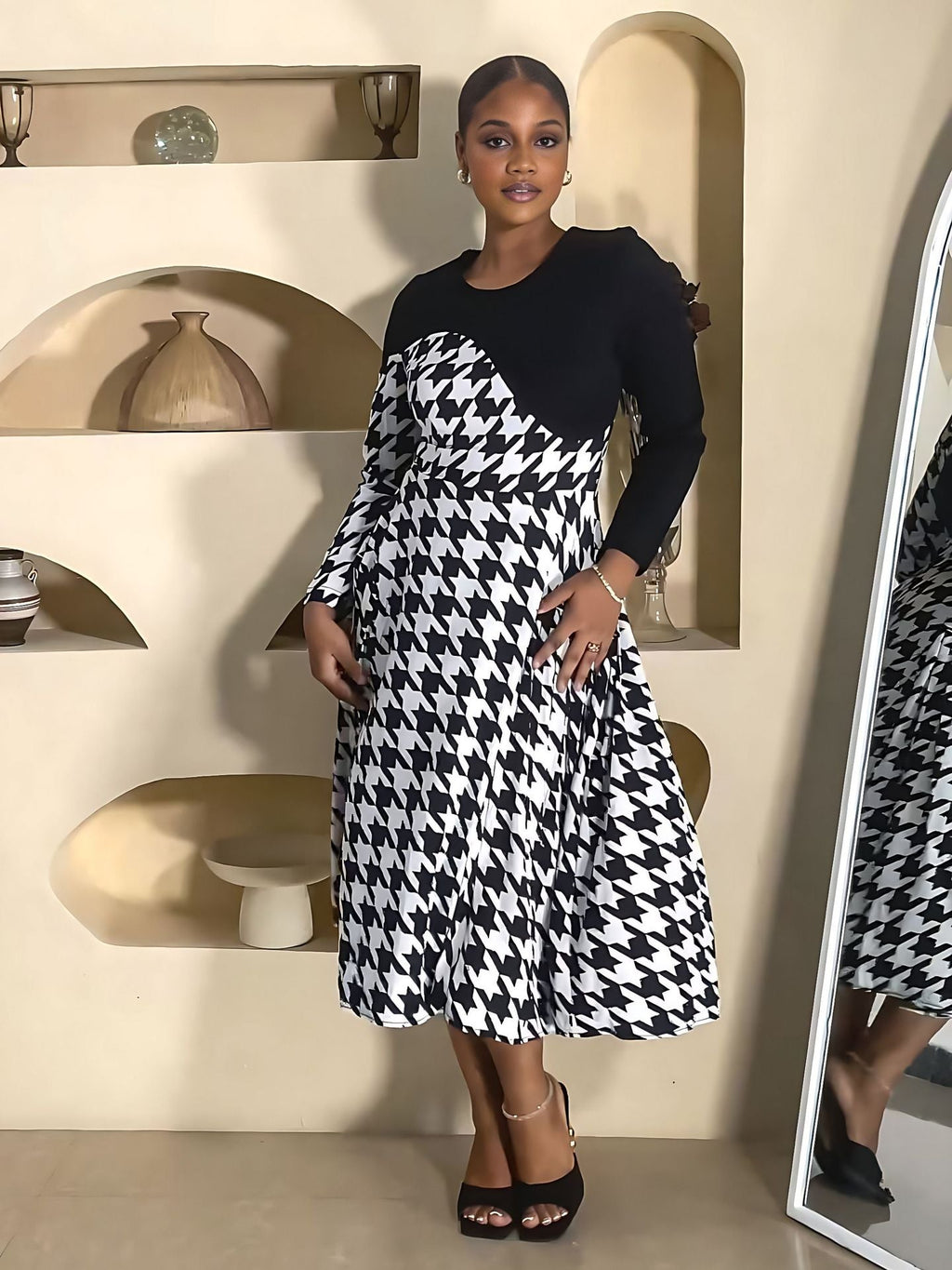 Stitching Houndstooth Spring Autumn All Match Long Sleeve Women Dress