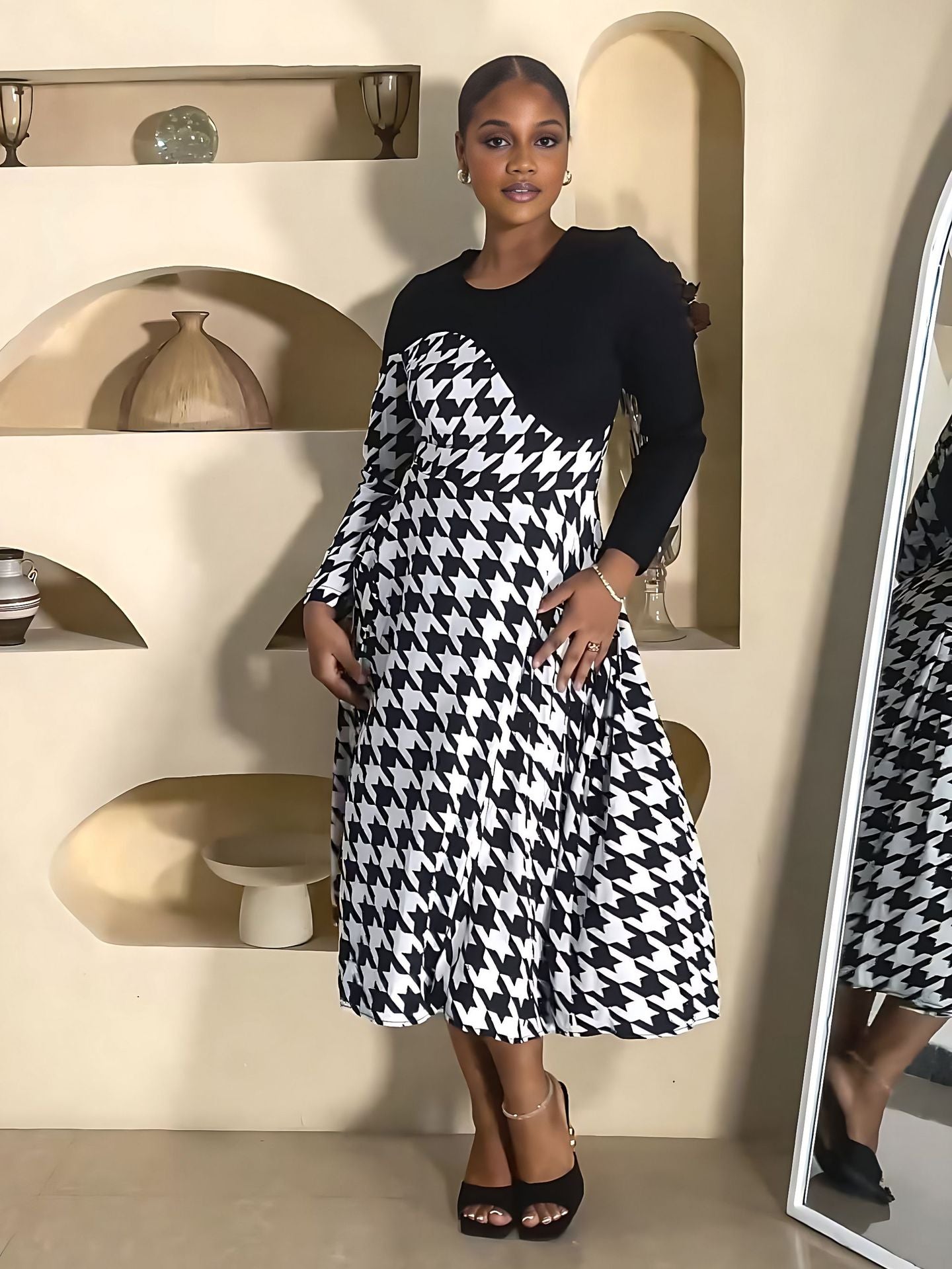 Stitching Houndstooth Spring Autumn All Match Long Sleeve Women Dress