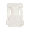 Autumn Winter Elegant Women Party Furry Stitching off Shoulder Dress Sexy Slim Long Sleeve Hip Dress