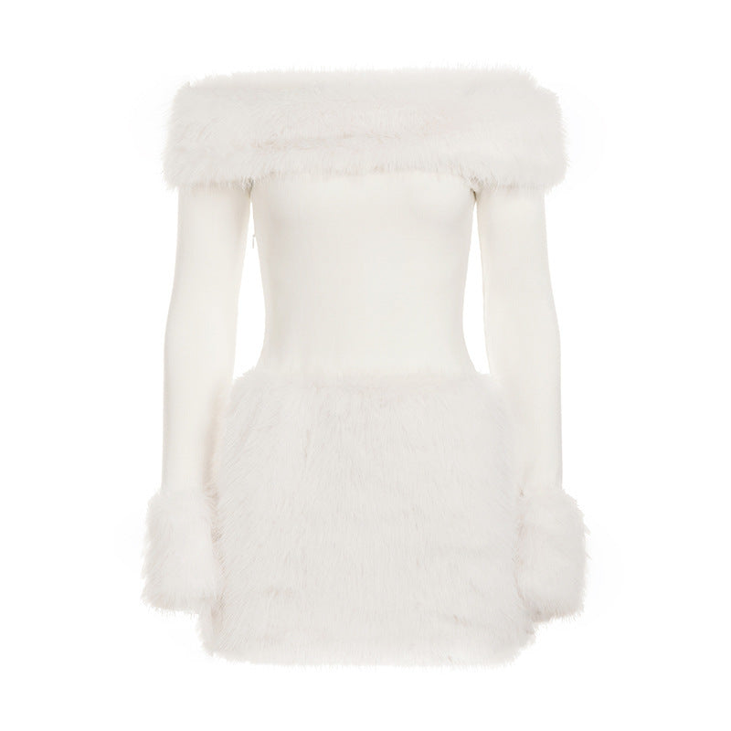 Autumn Winter Elegant Women Party Furry Stitching off Shoulder Dress Sexy Slim Long Sleeve Hip Dress
