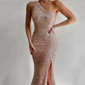 Women Clothing Pink Split Dress One Shoulder Sequ Dress