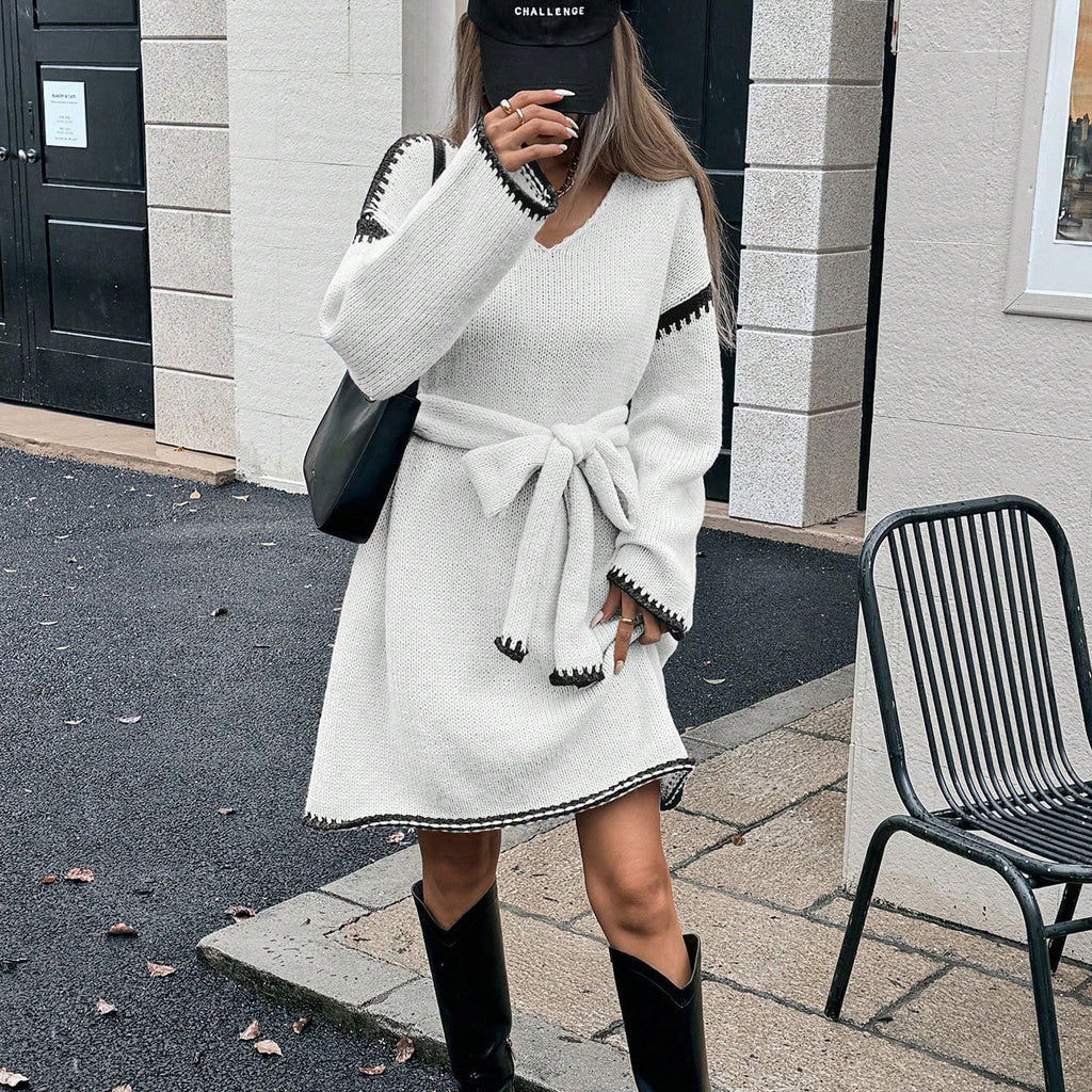 Idle Tie Waist Trimming Loose Knitted V neck Long Sleeve Fall Mid Length Dress Women