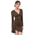 Design Pleated Slim Dress Women Autumn Winter Dark Brown V neck Long Sleeve Narrow Split Dress