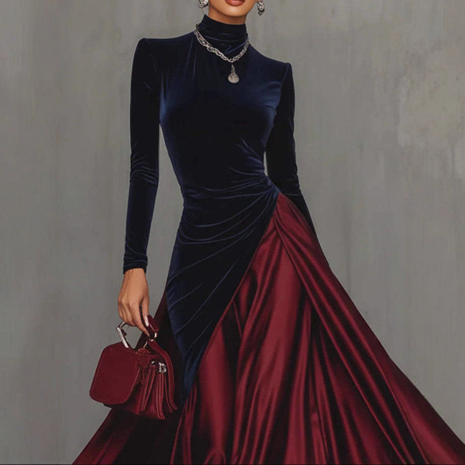 Spring Elegant Big Hem Umbrella Velvet Stitching Contrast Color Turtleneck Dress