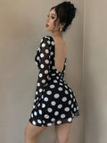 Spring Summer Lady Sexy Polka Dot Backless Mesh Flare Sleeve Mini Dress