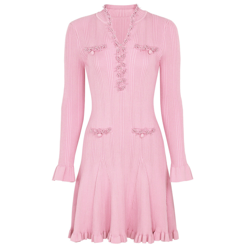 Spring Autumn Fashionable Knitted Heavy Industry Beaded Slim Fit Slimming Long Sleeves Dress