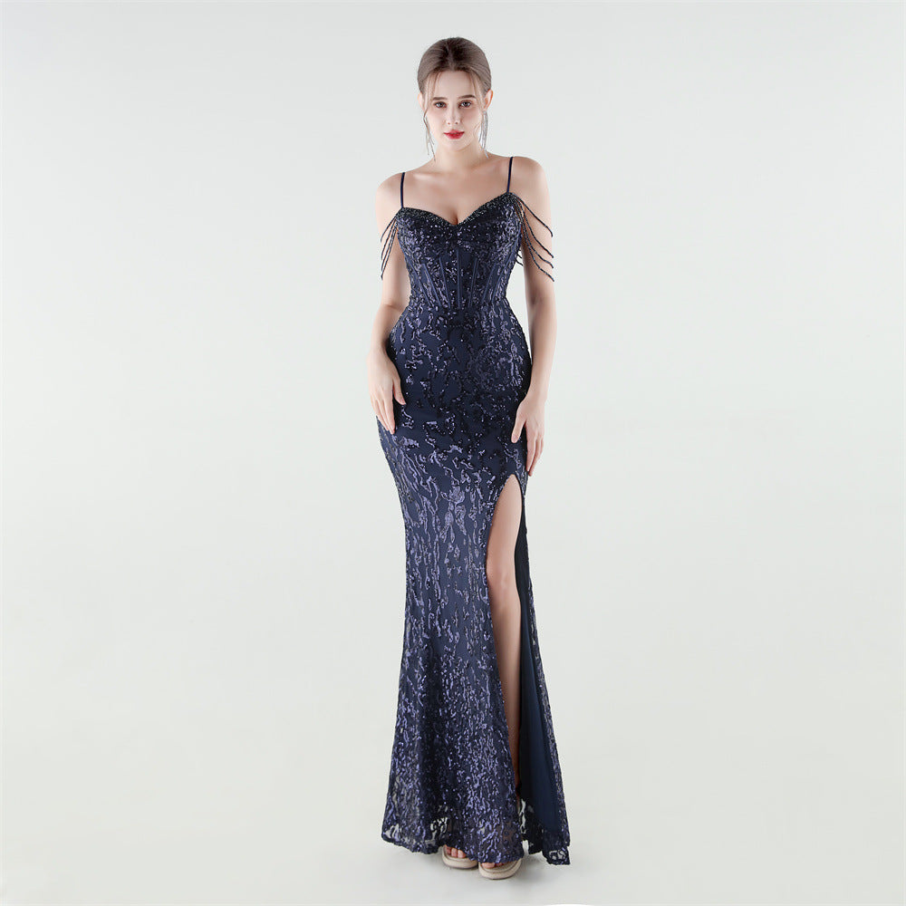 Heavy Industry Sequin Beaded Boning Corset Waist Tight Evening Dress