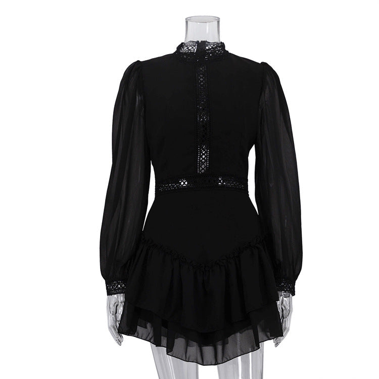 Hollowed out Design Chiffon Dress for Women Stand Collar Long Sleeve High Waist A line Dress