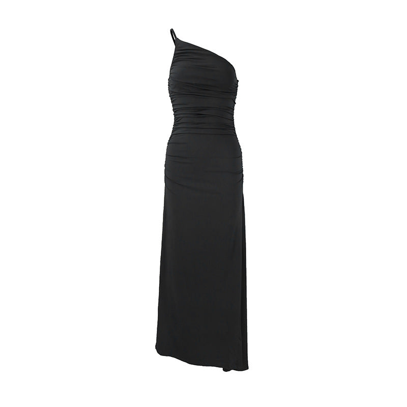 Women Clothing Summer Single Shoulder Sloping Shoulder Pleated Sexy Slim Irregular Asymmetric Dress