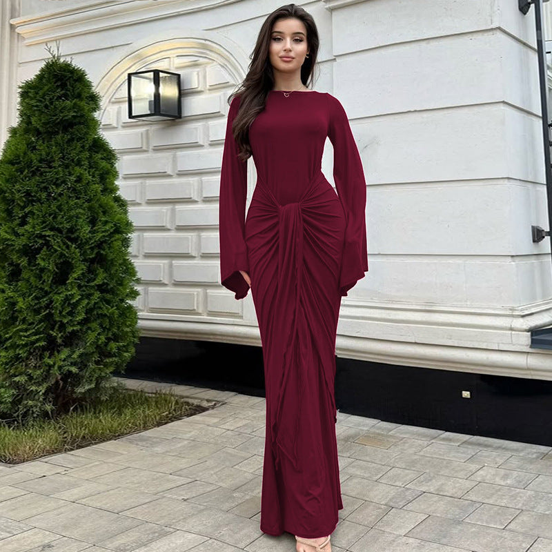 Women Clothing Autumn Pleated Waist Tight Lace up Long Sleeve Dress Women