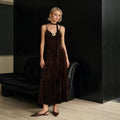 Cocktail Retro Brown Lace up with Corsage Decoration Velvet Pleated Sexy Cami Dress