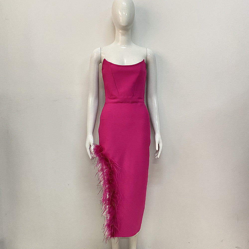 Sexy Split Tube Top Side Feather Bandage Slim Elastic Party Midi Dress Dress