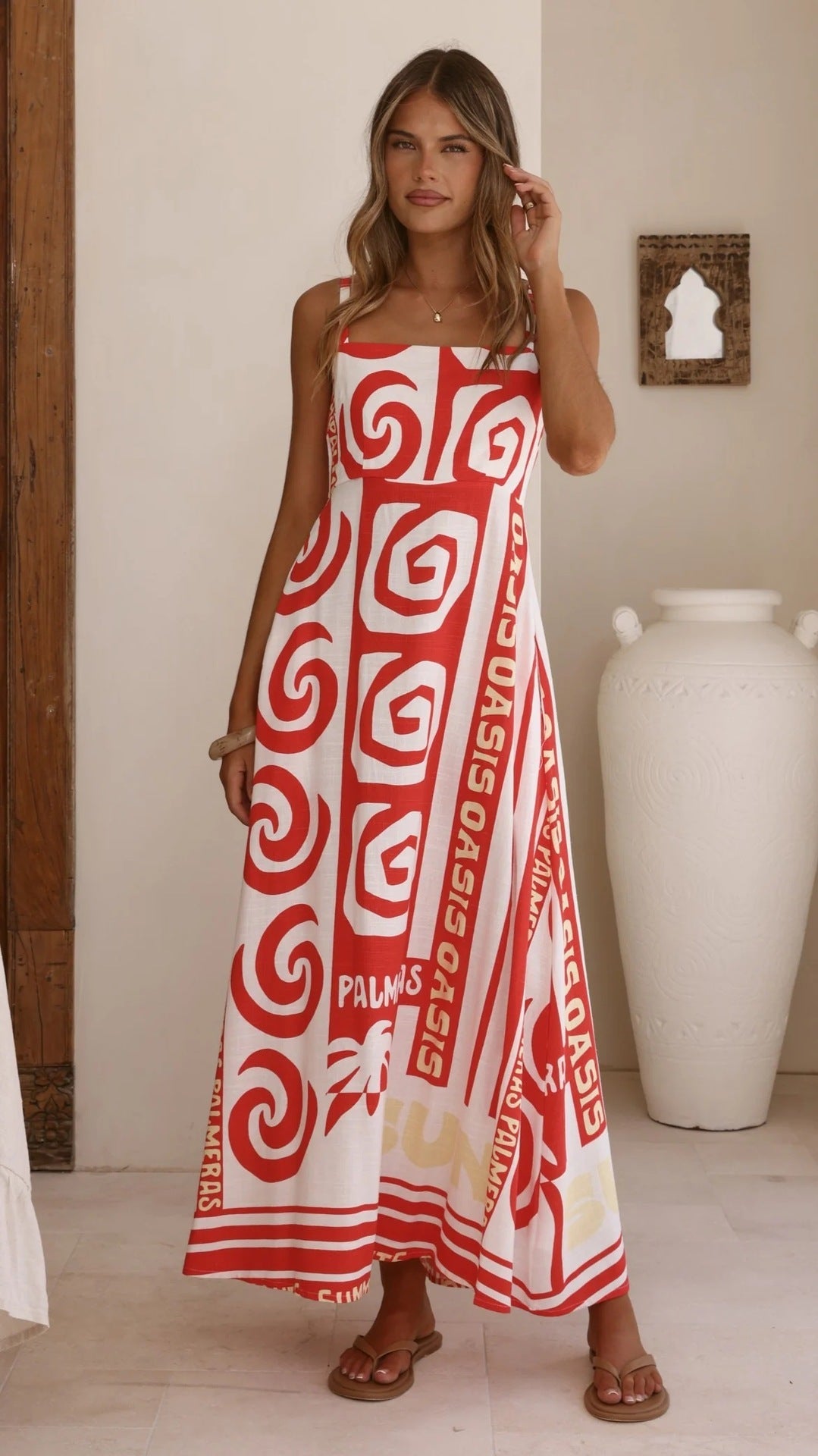 Summer Geometric Abstract Print Vacation Large Swing Cami Dress Women Dress