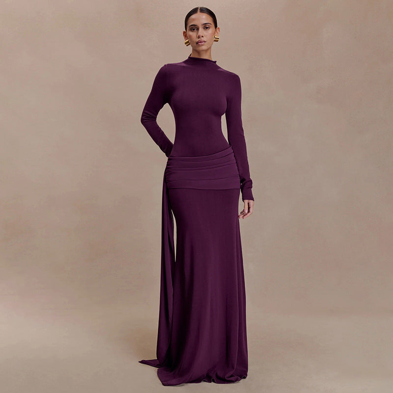 Women Clothing Winter Solid Color High Collar Long Sleeve Pinch Pleated Ribbon Elegant Maxi Dress