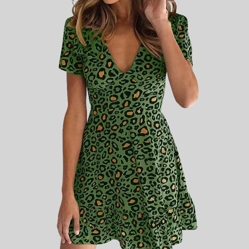 Summer Sexy V neck Mid Waist Short Dress Leopard Print Dress