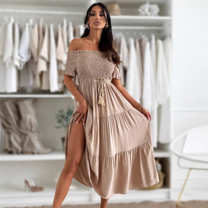 Women Clothing Summer Solid Color off Neck Short Sleeve Elastic Waisted Lace up Stitching Dress