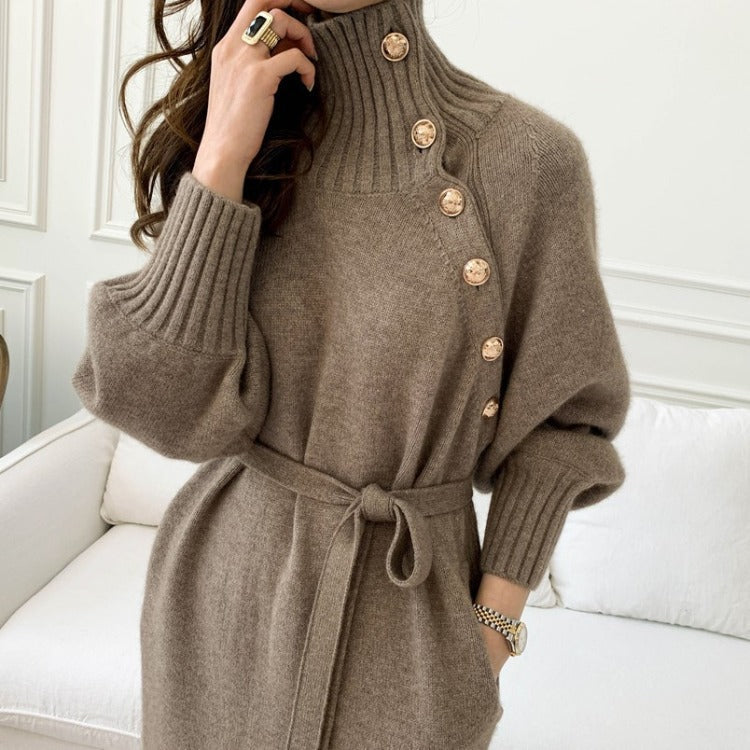 Japanese Korean Lace up Waist Trimming Knitted Dress Autumn Winter Loose Slimming All Matching Turtleneck Long Sweater for Women