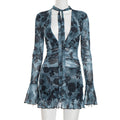 Women Clothing Autumn Printed Mesh Halter Tied Long Sleeves Short Dress with Safety Pants