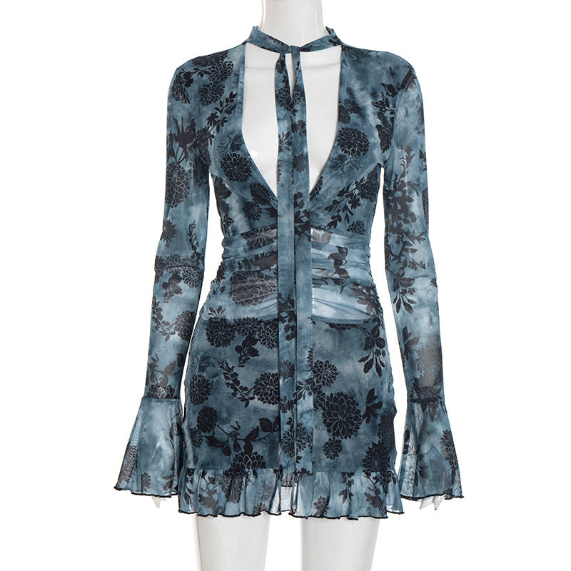 Women Clothing Autumn Printed Mesh Halter Tied Long Sleeves Short Dress with Safety Pants