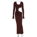 Women Clothing Fashionable Elegant Sexy Hollow Out Cutout Slim Fit U Neck Long Sleeved Dress