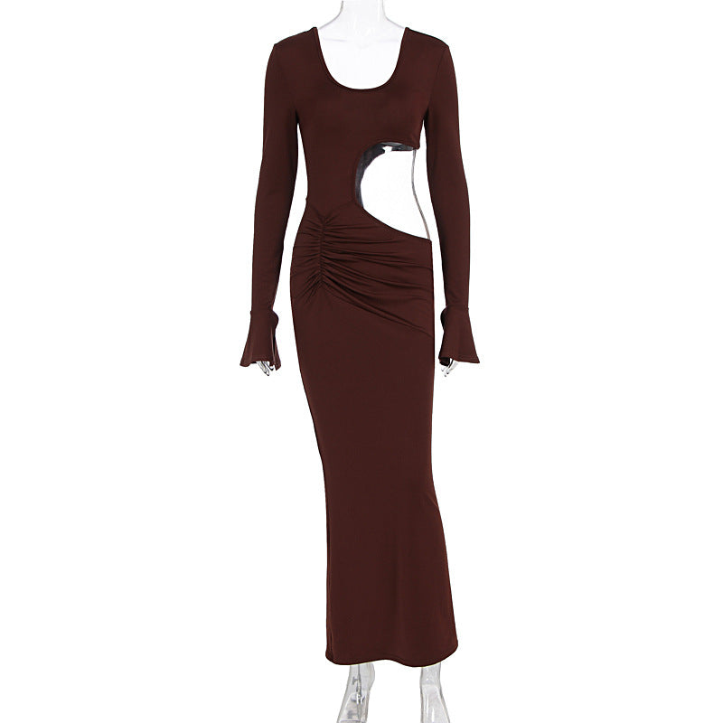 Women Clothing Fashionable Elegant Sexy Hollow Out Cutout Slim Fit U Neck Long Sleeved Dress