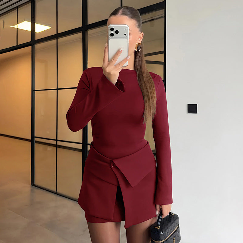 Women Clothing Winter Micro Pull Long Sleeve Short Dress Fold Button Two Piece Overskirt Set