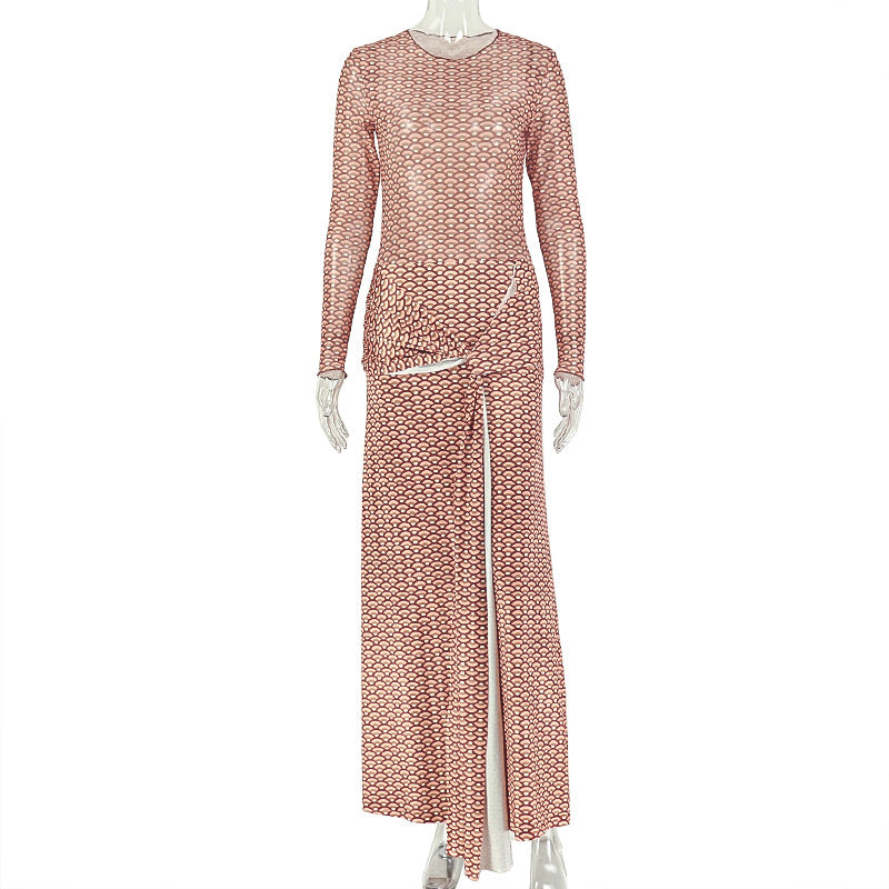 Women Pleated Strap Printing A line Dress round Neck Long Sleeve Casual Holiday Dress
