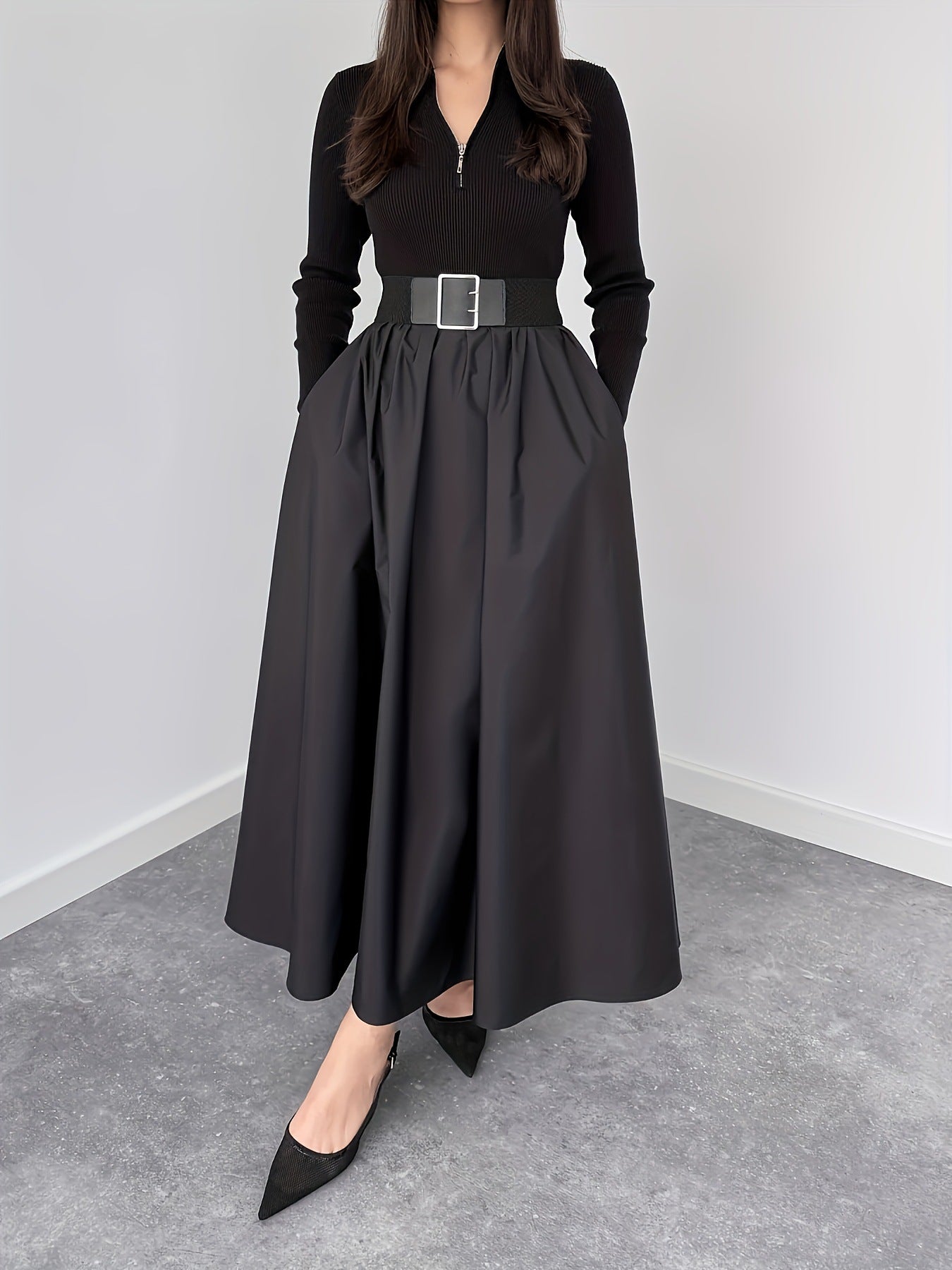 Hepburn French Black Long Sleeve Dress Early Autumn Wear V neck Dress