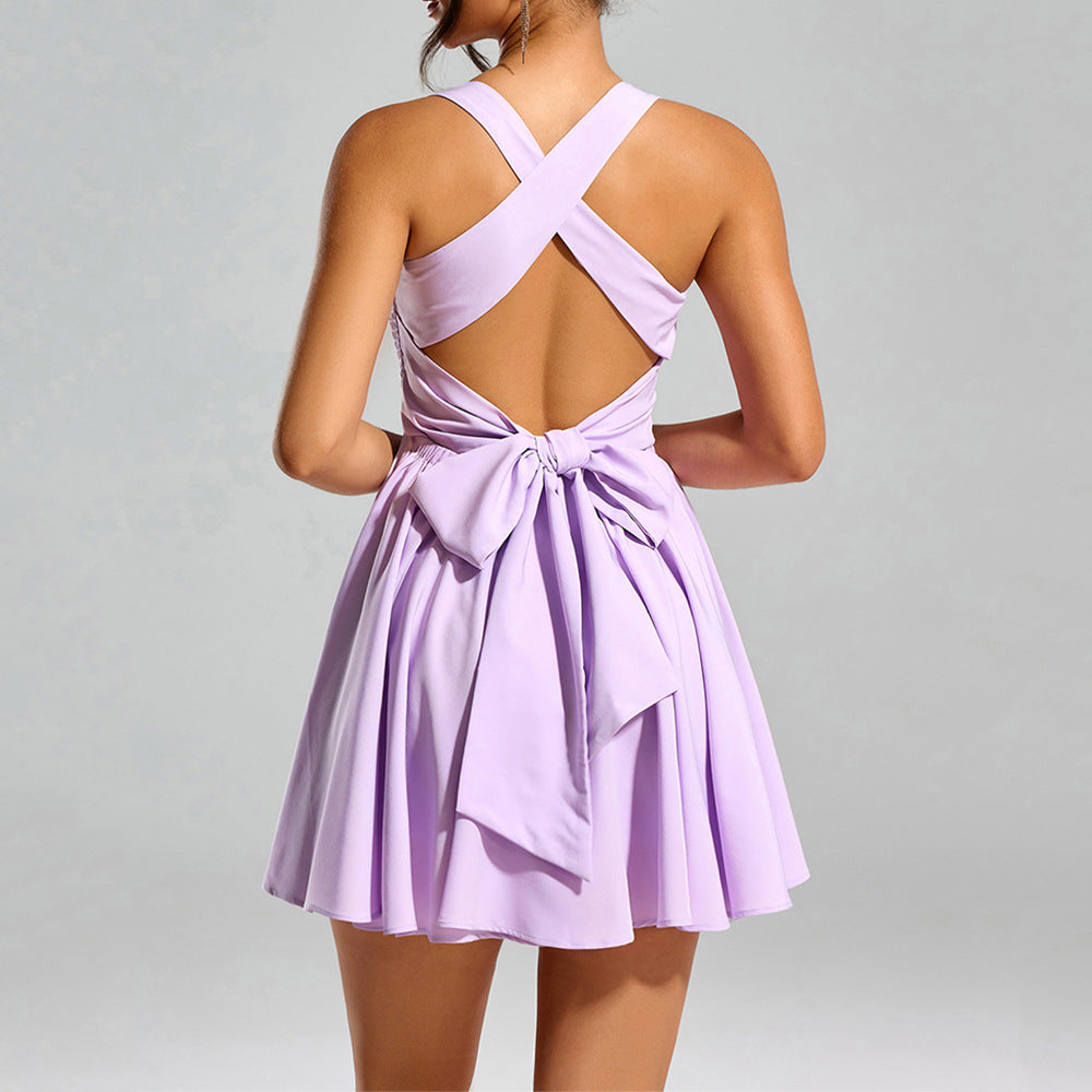Cami Dress Sexy Wooden Ear Smocking Backless Bow A line Dress