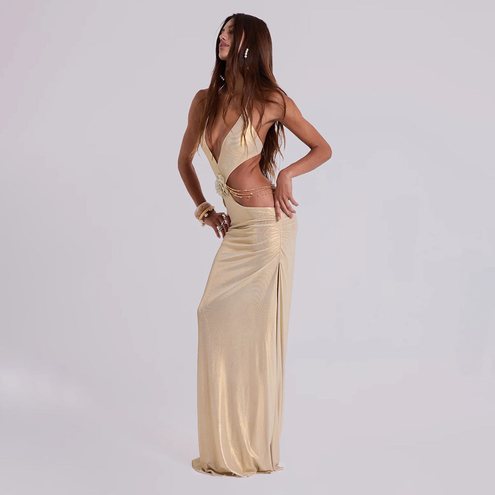 Summer Solid Color Street Hipster Deep V Plunge Halter Backless Slim Fit Dress