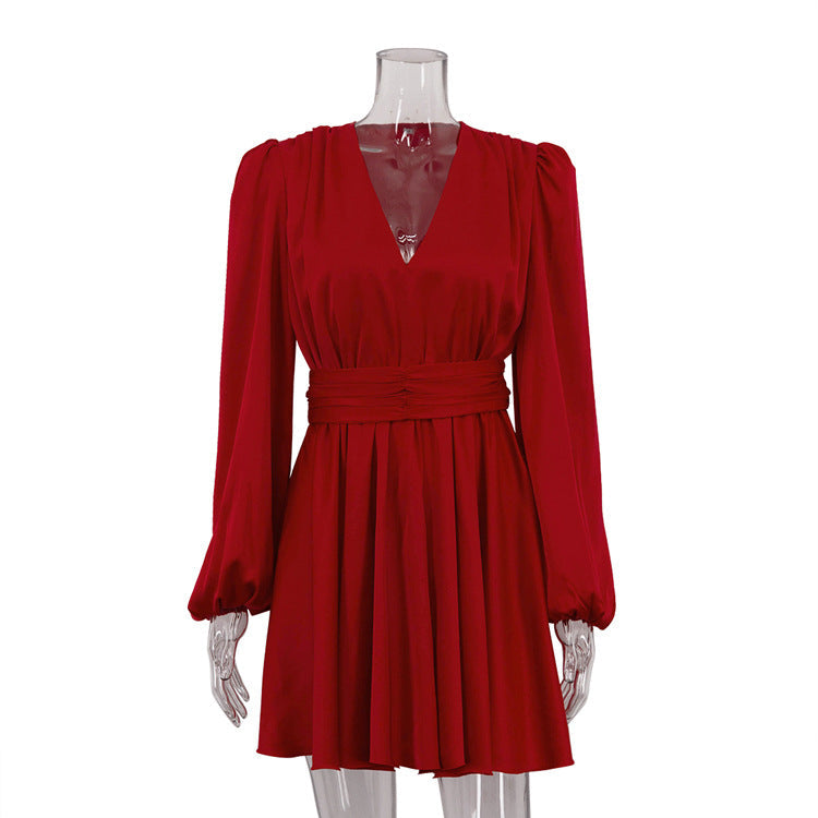 French Pleated Dress Women Puff Sleeve V neck Waist Seal Slimming Satin A line Dress