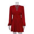 French Pleated Dress Women Puff Sleeve V neck Waist Seal Slimming Satin A line Dress