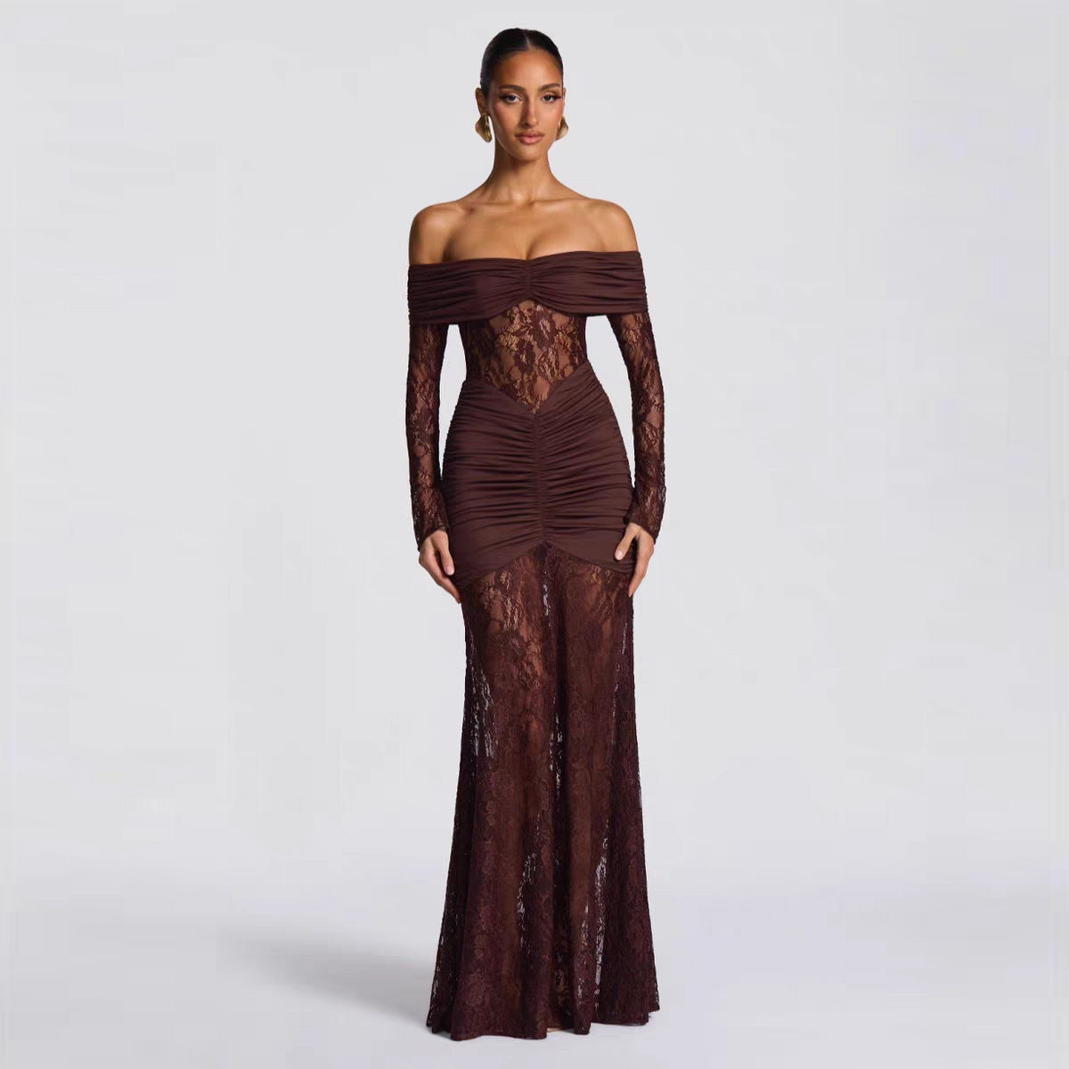 Autumn Elegant Lace Stitching off Shoulder Long Sleeve Narrow Dress Maxi Dress Women Evening Dress