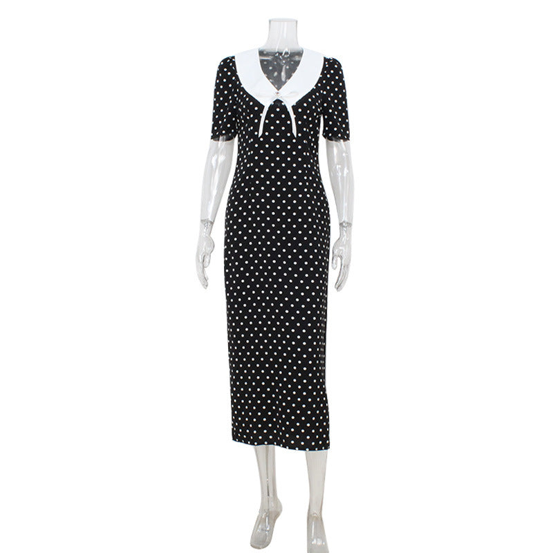 Women Clothing Hepburn French Polka Dots Retro Printed Color Matching Dress Slim Fit Slimming Dress