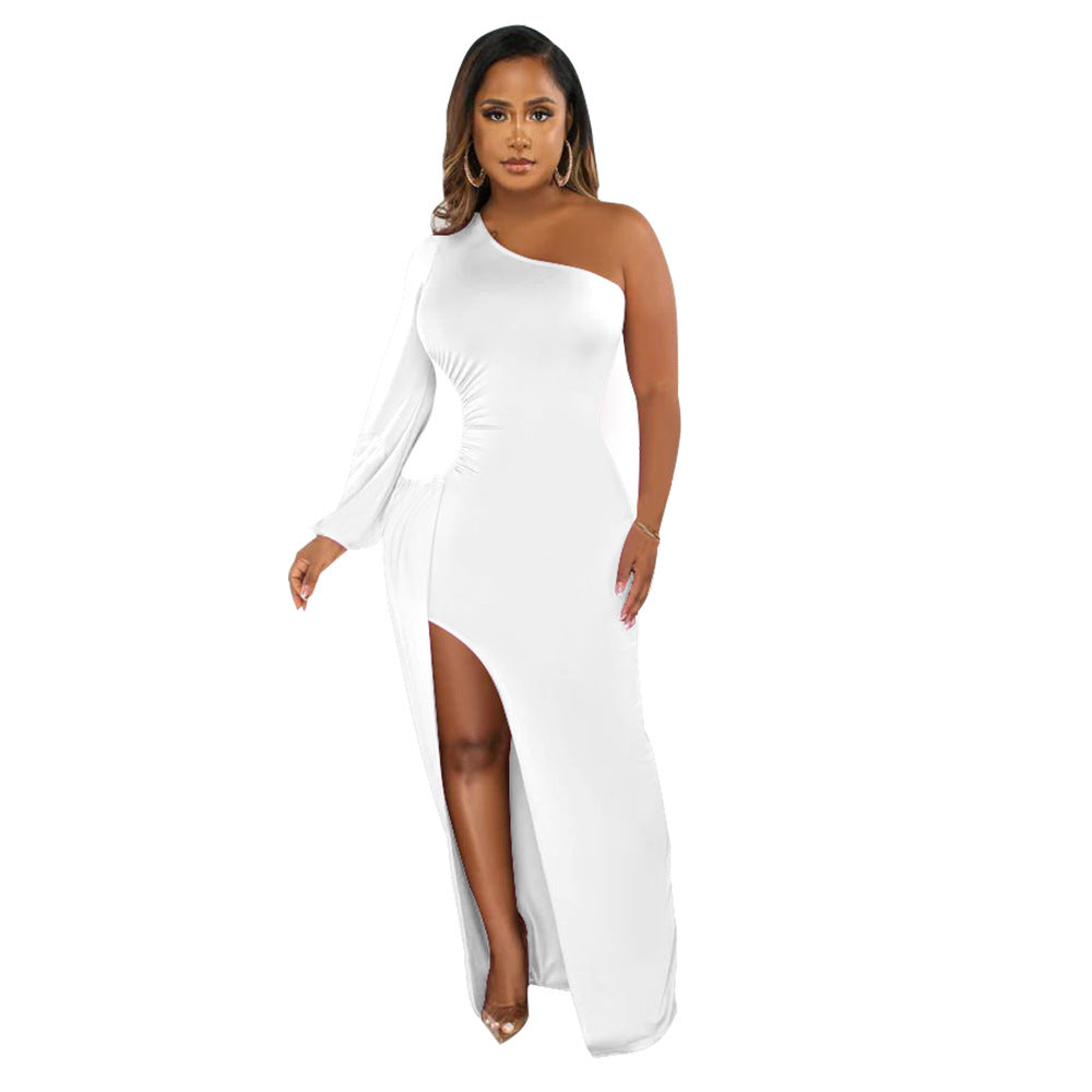 Supply Women Wear One Shoulder Lantern Sleeve Slim Fit Sexy Slit Dress