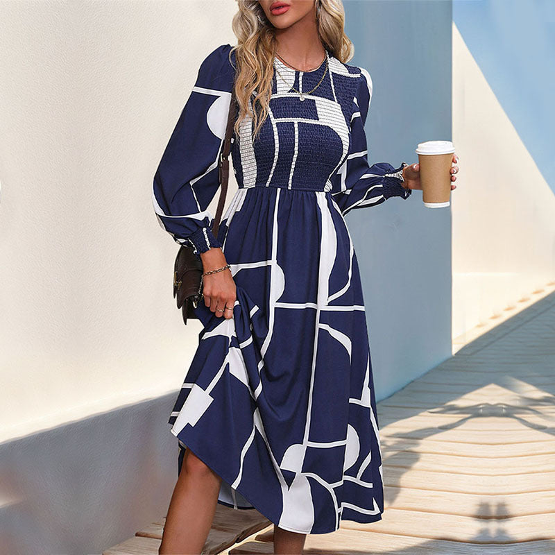 Fall Women Clothing Smocking Long Sleeve Printing Dress