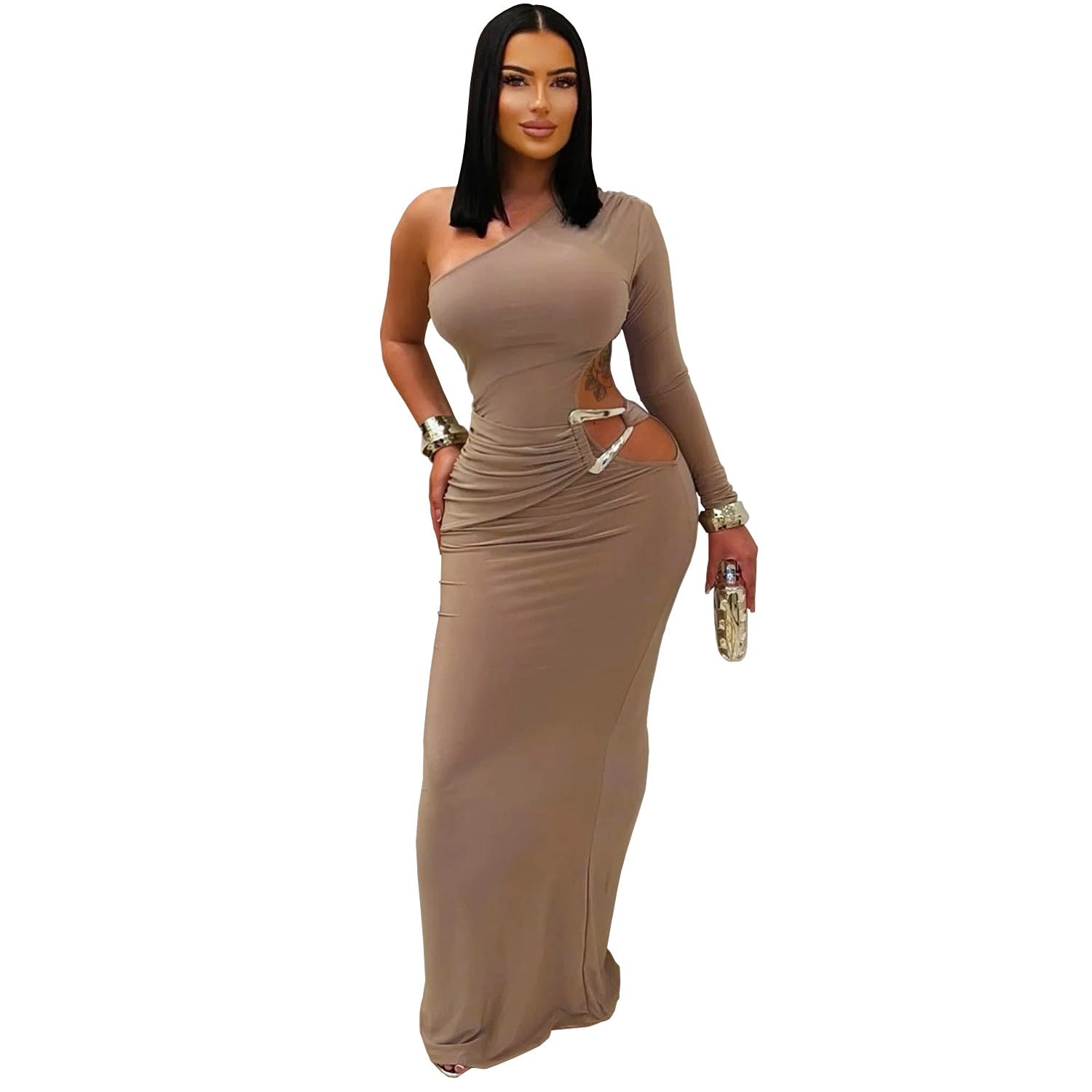 Women Wear Sexy Oblique Shoulder Single Sleeve Slim Fit Solid Color Dress