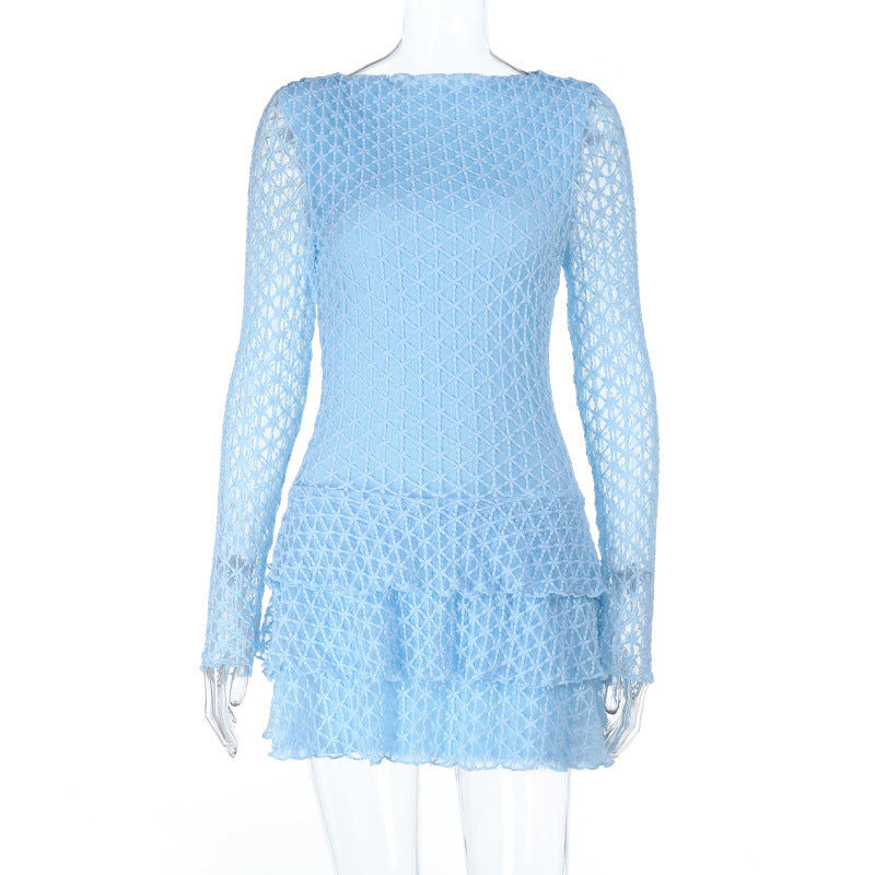 Round Neck Lace Stitching Sexy Sheer Long Sleeve Dress Women Tiered Dress