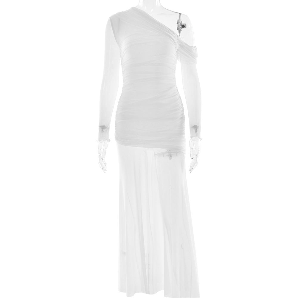 Women Dress Mesh Stitching Pleated Solid Color Long Sleeve Slim Fit Maxi Dress